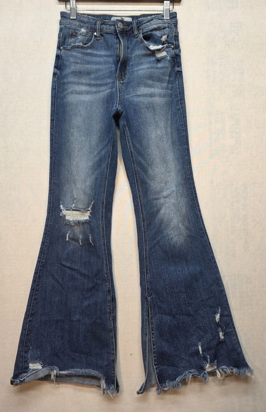 Risen Jeans High Rise Front Slit Frayed Flare Distressed Blue Denim Sz 5/27